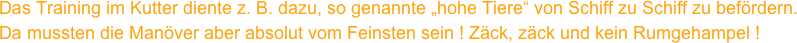Das Training im Kutter diente z. B. dazu, so genannte „hohe Tiere“ von Schiff zu Schiff zu befördern. Da mussten die Manöver aber absolut vom Feinsten sein ! Zäck, zäck und kein Rumgehampel !